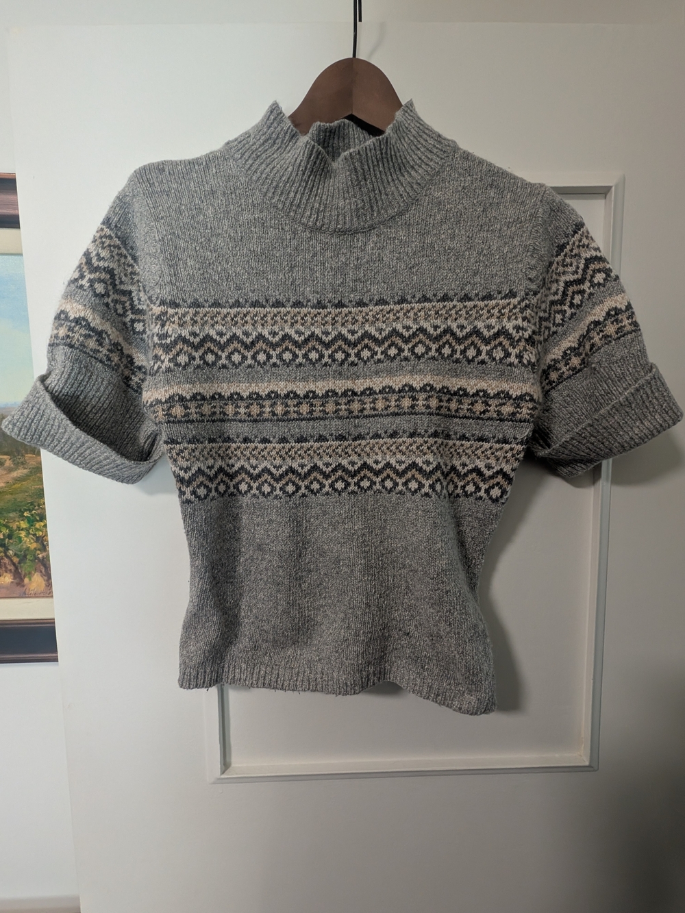 Grey Fair Isle Short-Sleeve Turtleneck Sweater
